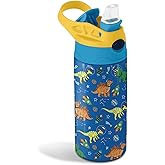 12oz Dinosaur Astronaut Kids Water Bottle, Space Dino Water Bottle for School, Kids Insulated Bottles with Straw & Handle, Leak-Proof, BPA-free, Straw Lid, Stainless Steel for Travel Gift Cup for Boy