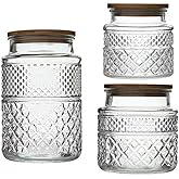 Livejun Glass Storage Jars Vintage Embossed Canisters Food Cereal Storage Containers with Bamboo Lid, Decorative Jars for Kitchen Counter,Pantry,Set 3-Piece Glass Jars in 60 oz/40 oz/20 oz (Round)