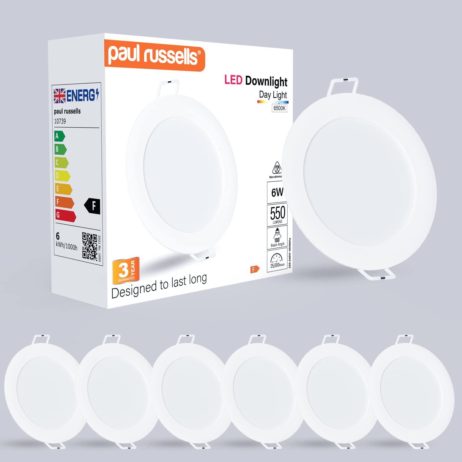 paul russells LED Ceiling Downlights, 6W Slim Recessed Bathroom Downlights, Kitchen Ceilings, 550 Lumens, 6500K Bright Daylight, Cutout 85-95mm, Round Non-Dimmable Panel Spotlights, 6 Pack