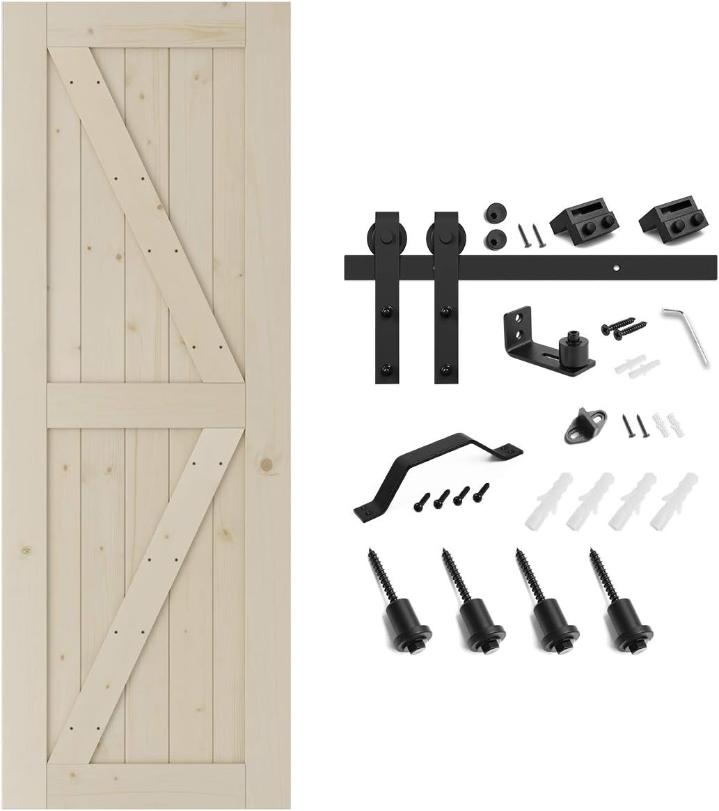 SMARTSTANDARD 30in x 84in Sliding Barn Door with 5ft Barn Door Hardware Kit & Handle, Pre-Drilled Ready to Assemble, DIY Unfinished Solid Spruce Wood Panelled Slab, K-Frame