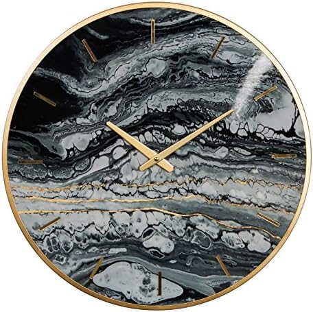 DDIW Modern Hestia Black Gold Marble Effect Glass Round Wall Clock 50cm