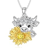 Reaii Highland Cow Necklace for Women 925 Sterling Silver Natural Citrine Sunflower Highland Cow Pendant Western Cow Jewelry Birthday Gifts for Daughter
