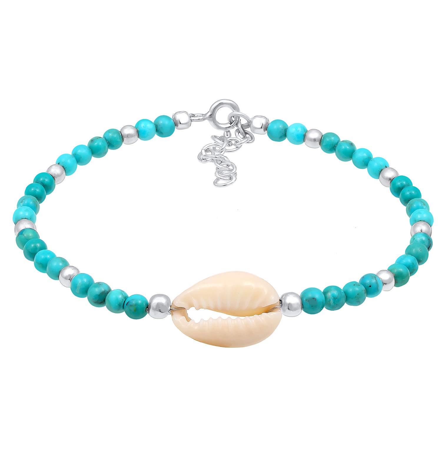 Nenalina Women's Bracelet Made of 3 mm Turquoise Beads with Cowry Shell and Genuine 925 Sterling Silver Balls, Handmade Gemstone Bracelet for Women, Length 16 cm