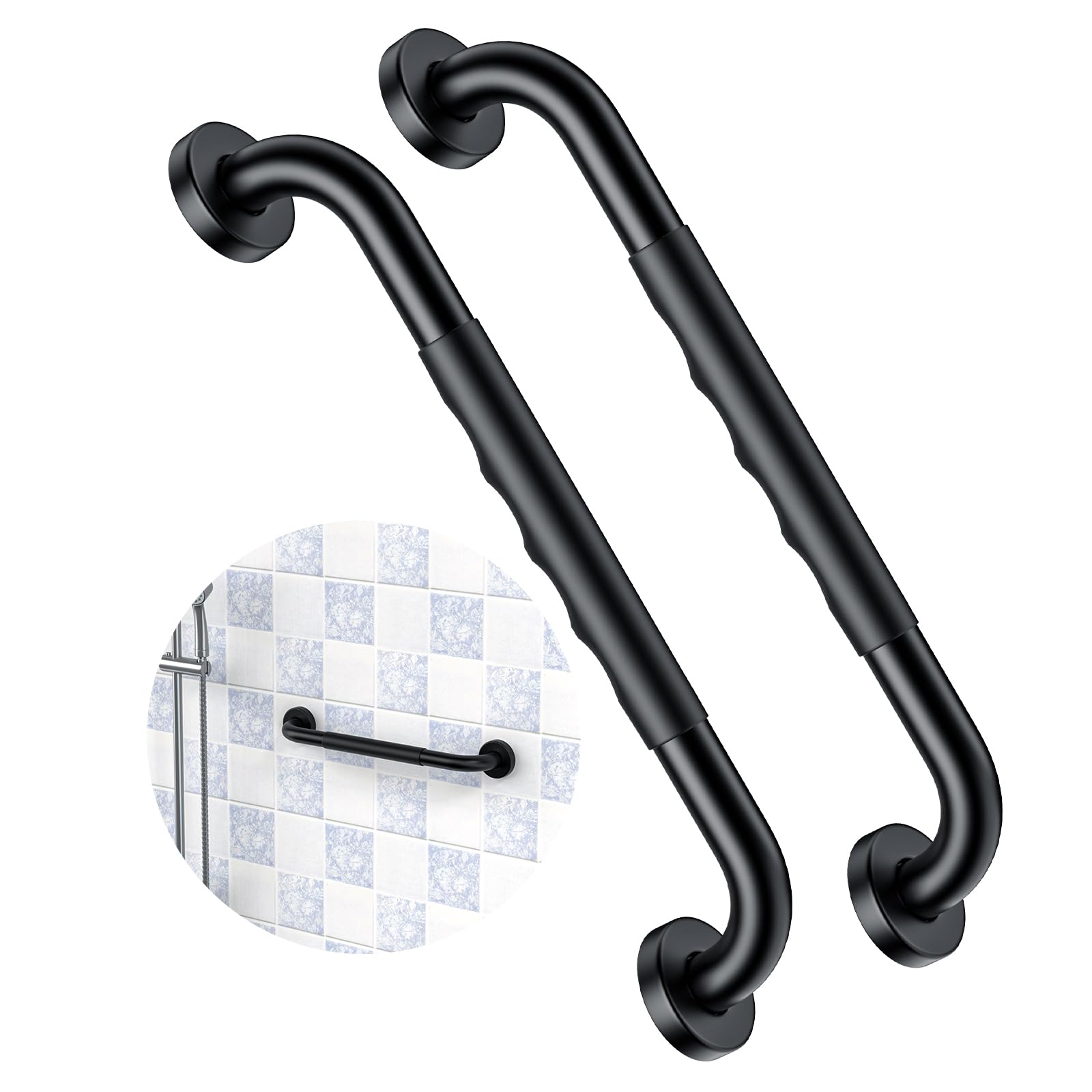 Photo 1 of 2 Pack 16 Inch Black Shower Grab Bar w/Anti Slip Rubber Grip,ZUEXT Stainless Steel Bath Grab Bar,Bathroom Balance Bar,Wall Mount Safety Handrail Support,Handicap Injury Elderly Senior Assist Handle