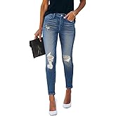 Women's Mid Waisted Jeans Trendy Distressed Stretch Ripped Butt Lift Denim Pants (Pack of 2)