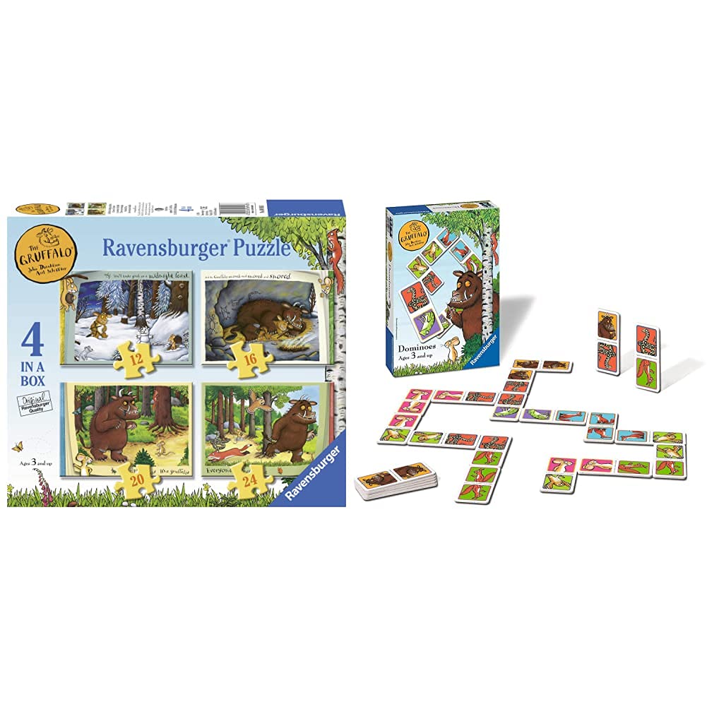 Ravensburger The Gruffalo 4 in Box (12, 16, 20, 24 Pieces) Jigsaw Puzzles for Kids Age 3 Years Up & The Gruffalo Dominoes Set For Children Age 3 Years and Up -A Classic Family Game
