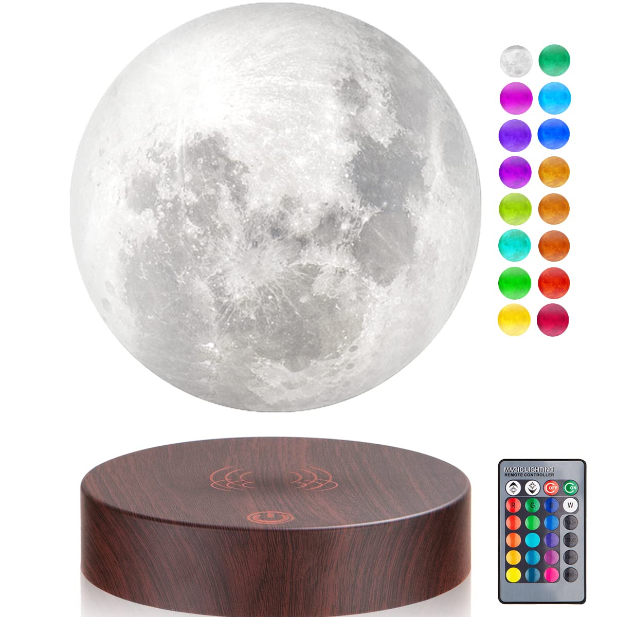 Levitating Moon Lamp 16 Colors Magnetic Levitation Floating 3D Printing LED Moon Light Spinning in Air Luna Night Lights with Remote for Home Room Desk Decoration Creative Gift, Round Base — image 1