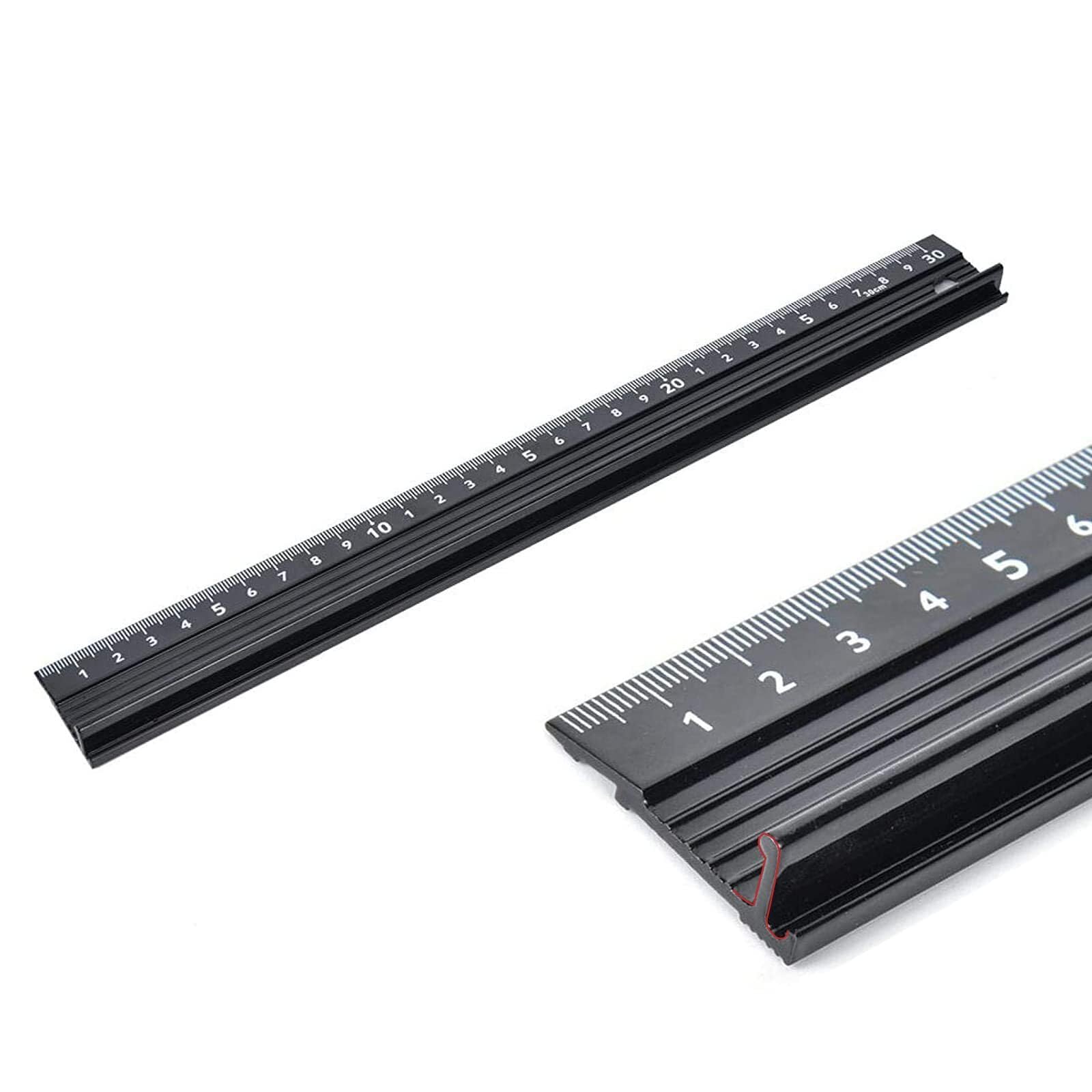 Aluminium Cutting Ruler with Raised Grip - 30cm/12" Metal Safety Ruler for Crafts, DIY & Precision Measurement, Non-Slip Protective Edge Tool (Black)