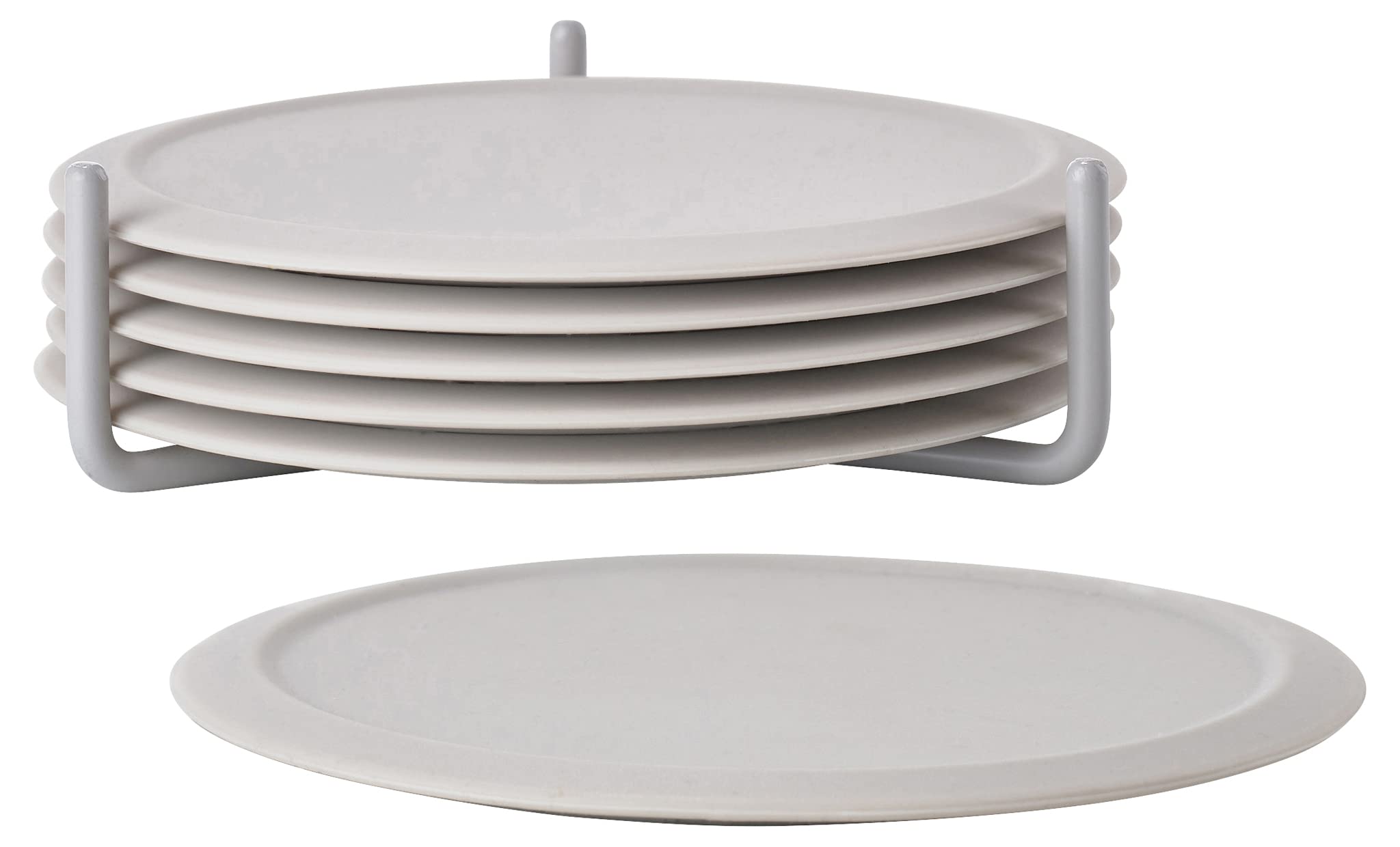 Zone Denmark Singles Glass Coasters, Non Slip Silicone with Metal Holder, Heat Resistant Easy Clean Drink Mats, Ø 10 cm H 3.1 cm, Warm Grey, Set of 6