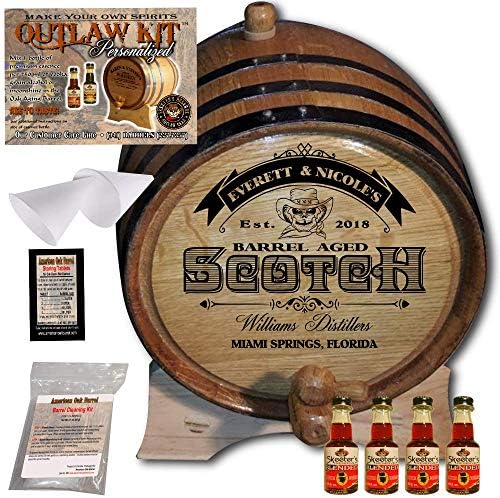 Personalized Whiskey Making Kit (101) - Create Your Own Blended Malt Whiskey - The Outlaw Kit from Skeeter's Reserve Outlaw Gear - MADE BY American Oak Barrel - (Oak, Black Hoops, 3 Liter)