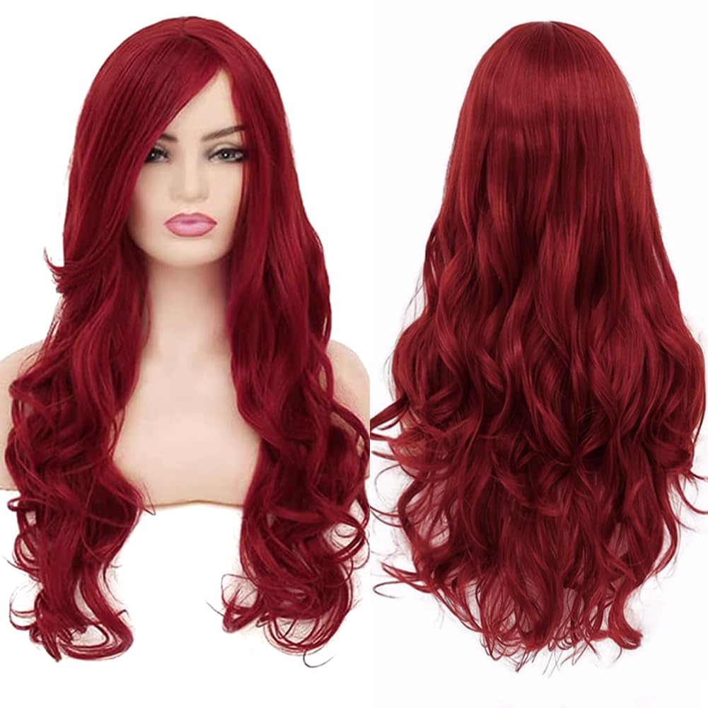 YEESHEDO 32" 80 cm Long Wavy Curly Hair Cosplay Wigs with Bangs for Women Girls Heat Resistant Synthetic Wig for Party Costume Anime Halloween (Wine Red)
