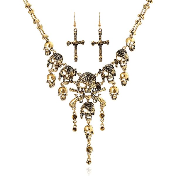 Set De Joyas De Calavera – Collar Y Pendientes De Cráneo Con Bolsa De Terciopelo, Estilo Punk Y Retro