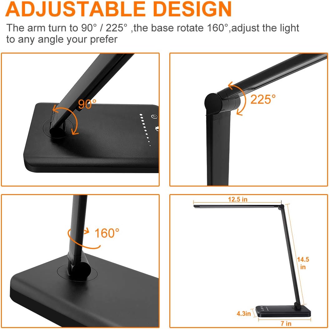 LED Desk Lamp Table Lamp Reading Lamp with USB Charging Port 5 Lighting Modes 5 Brightness Levels, Sensitive Control, 30/60 min Auto Timer, Eye-Caring Office Lamp,Folding LED Desk Lamp: Home Improvement