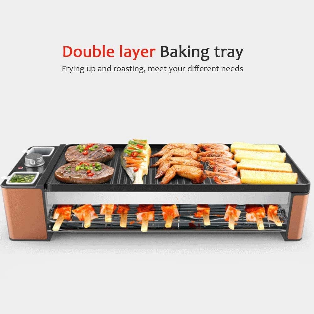 review JNWEIYU Electric Grill, Double-Layer Korean Smokeless Barbecue, Indoor Household Barbecue, Non-Stick Electric Grill (Color : Brown)