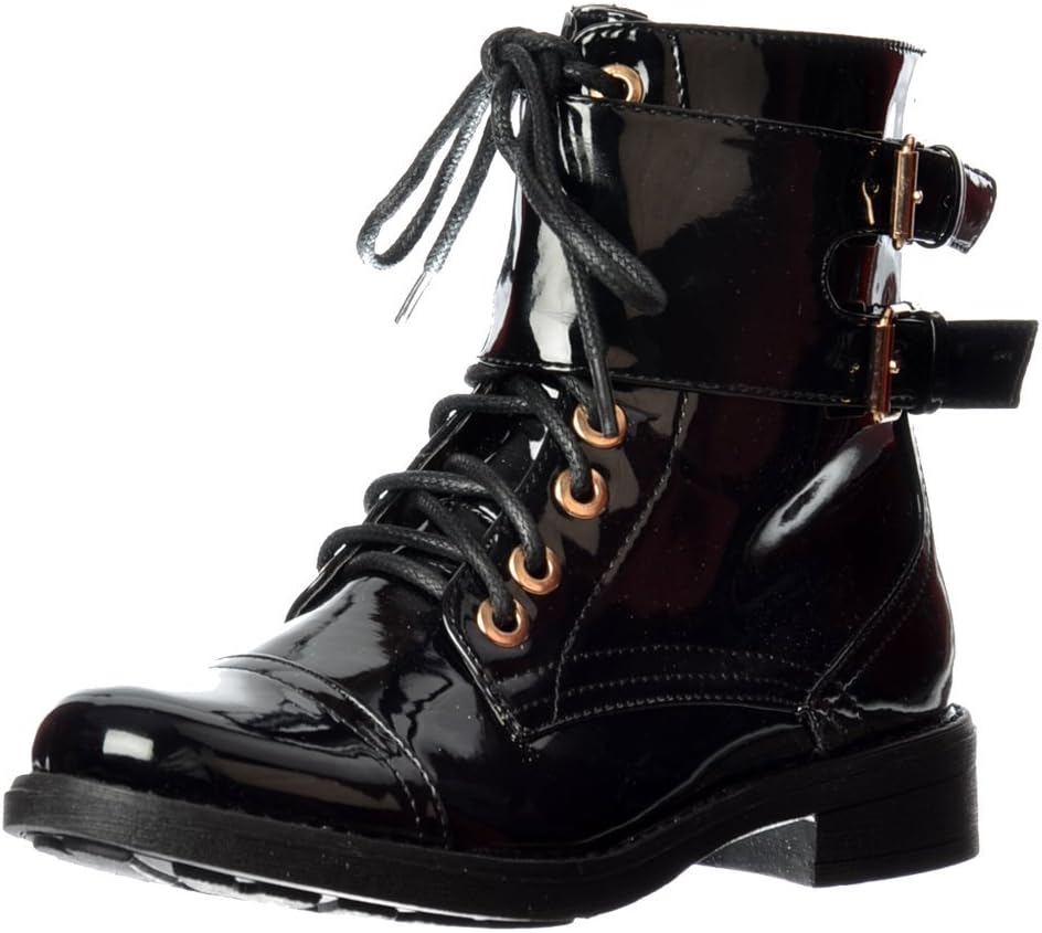 Onlineshoe Womens Ladies Lace Up Double Buckle Military Combat Biker Short Ankle Boot - Black Patent, Black PU