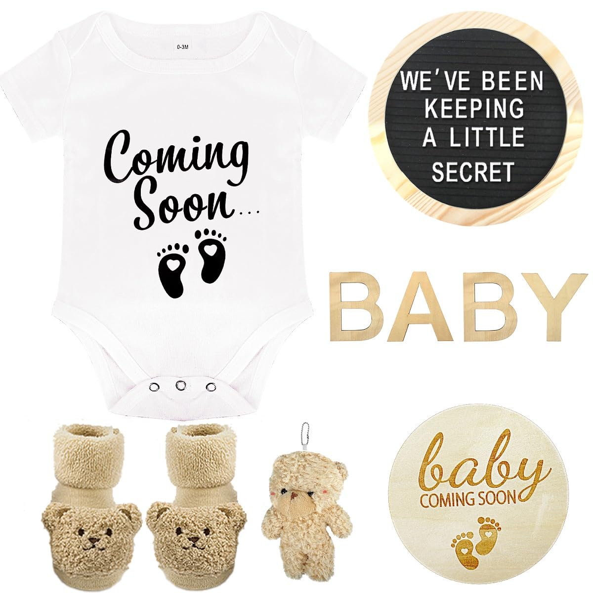 Pregnancy Announcements Set - Reveal Ideas Include Felt Letter Board Kit, Bodysuit, Socks, Wood Letters, Bear Plush, Blocks for Coming Soon Baby Announcement