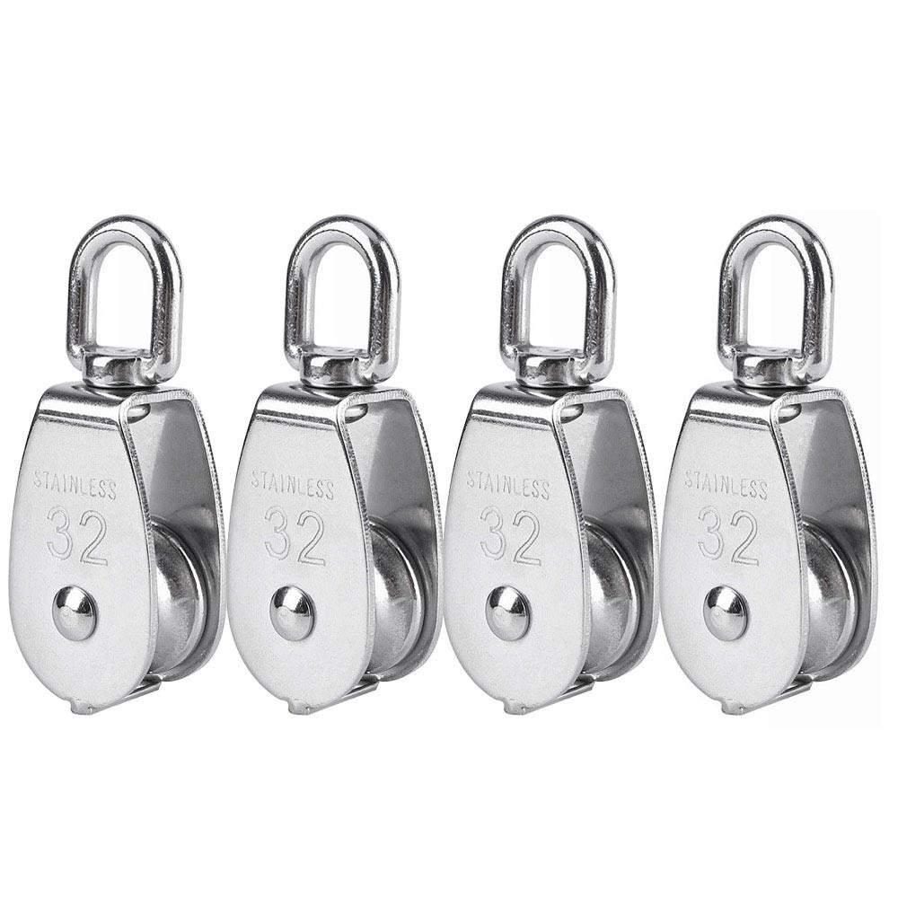 POFET 4Pcs Single Pulley Block, 304 Stainless Steel Pulley Roller, M25 Lifting Crane Swivel Hook Bearings, Hanging Wire Towing Wheel Loading 250kg/551lbs