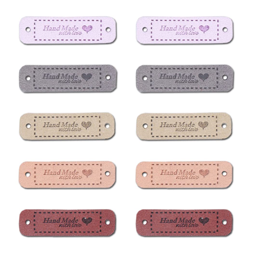 Borsgye 50PCS PU Leather Tags Handmade Embossed Tag Faux Leather Sew on Labels Embellishment Crochet Knitting Labels DIY Jeans Bags Shoes Hat Apparel Accessories with Heart - 5 Colors - WS021