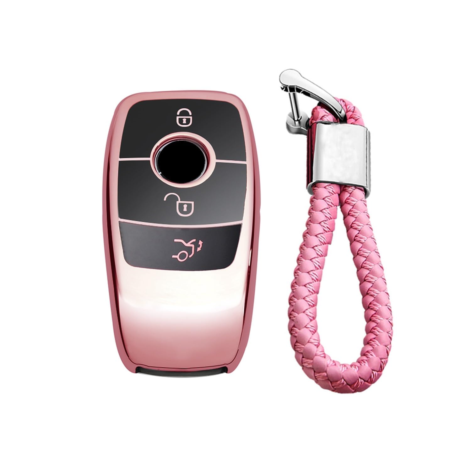 M.JVisun Soft TPU Case Cover Protector Car Remote Key Fob Case For Mercedes-Benz 2019-2022 A Class C Class G Class 2017-2022 E Class 2018-2021 S Class Fob Remote Key - Glossy Pink - Braided Keychain