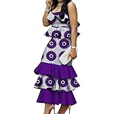 ABCWAX Fashion Multilayer Draped Print Top & Skirt Sets African Wax Dresses for Women 2 Pieces Skirts Sets