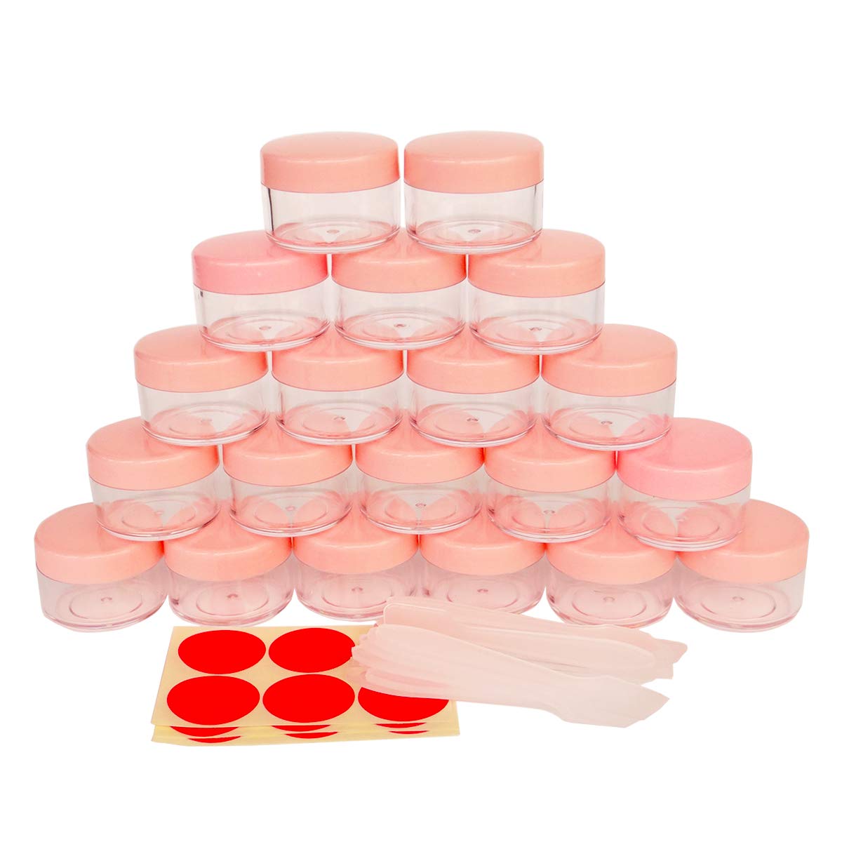 Wopanxye 20pcs 15ml Small Jars, 15 Gram Cosmetic Sample Empty Container, Plastic Round Pot Pink Screw Cap Lid, Tiny 15g Bottle for Makeup Eyeshadow Nails Powder Jewelry Beads Lip Balm, 20 Spatulas