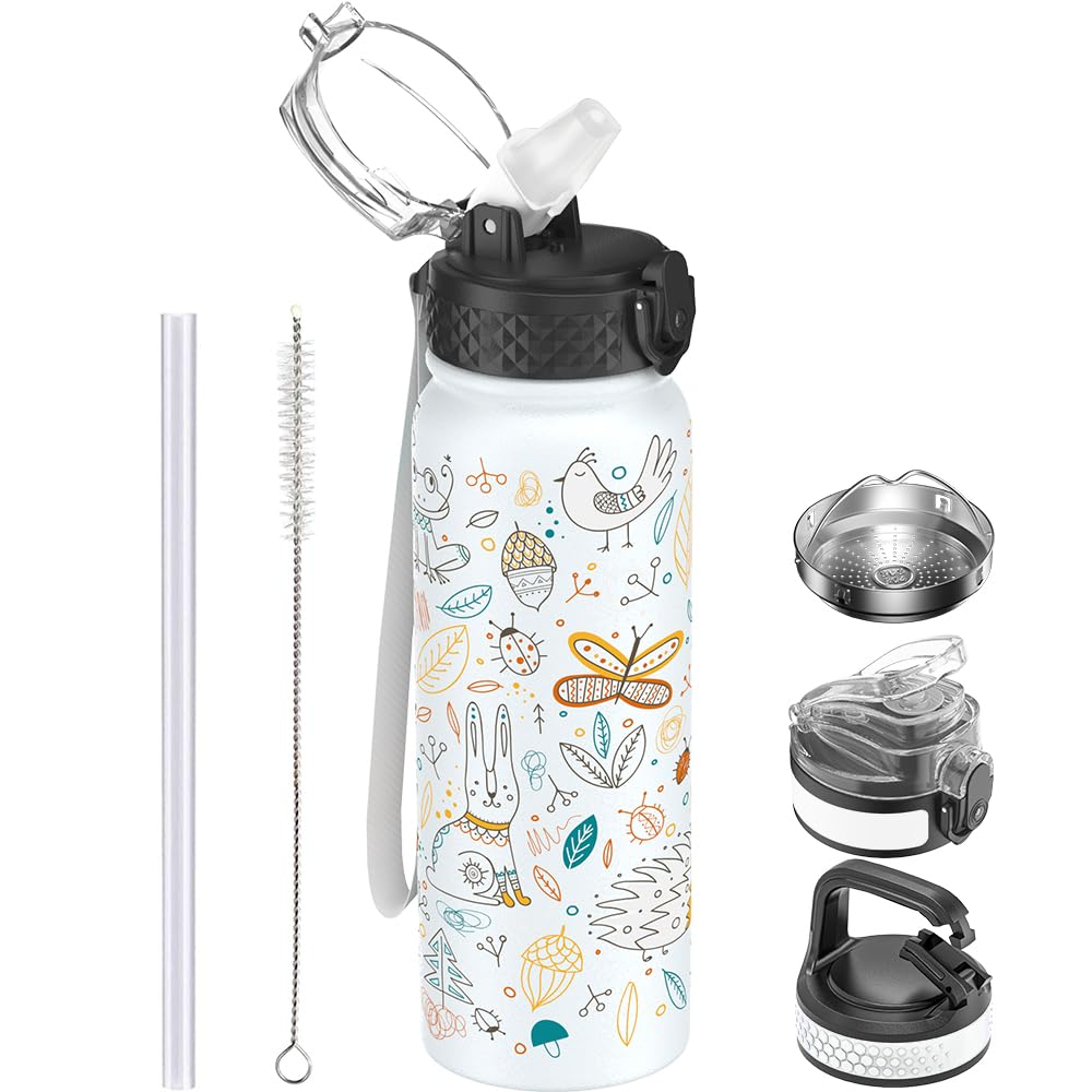 GOPPUS 600ml/20oz Stainless Water Bottle with Straw Double Wall Insulated Bottles with Strap One Hand Open Vacuum Thermal Flask Leakproof Keep Cold Bottles with Flip Top Lid BPA Free (White Animal) — image 1