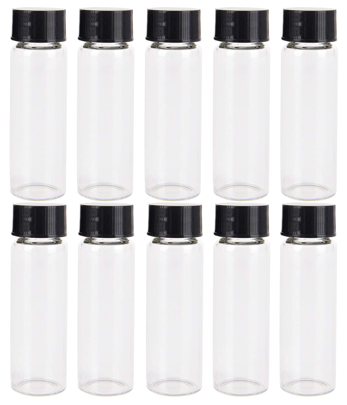 LCOUACEO 25 Pcs Clear Glass Vials Sample Glass Bottles with Plastic Screw Black Cap Transparent Lab Vials Lab Cosmetic Container 30ml (1 Ounce)