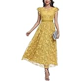 DEARMSROSE Women's Casual Tulle Midi Dress Ruffle Sleeve Crewneck Lace Flowy Dresses Party Wedding Guest Sundress