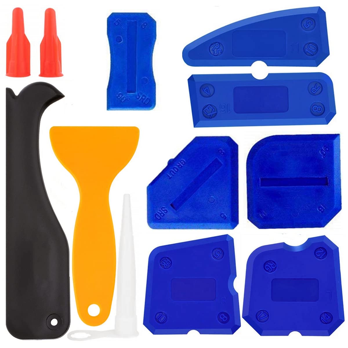 Caulking Tool Kit, 12 Pieces, Silicone Sealant Finishing Tool Grout Scraper Caulk Remover and Caulk Nozzle