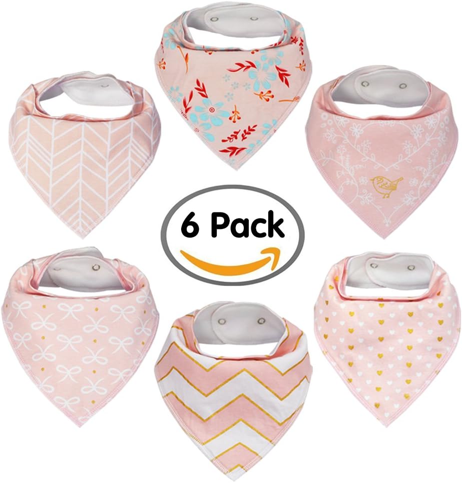 Baby Bandana Drool Bibs 6 Pack for Girls and Boys, AILAMS Unisex Infant Gift Set, Two Adjustable Nickel-Free Snaps, Waterproof Organic Cotton, Soft, Absorbent, Hypoallergenic of Cute Scarf (Pink) …