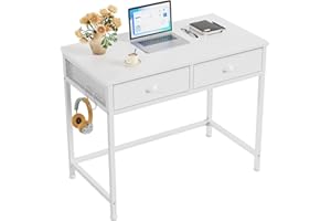 Furologee White Small Computer Desk with 2 Fabric Drawers for Bedroom,34 Inch Simple Home Office Writing Desk, Vanity Desk with Hooks, Study Table for Adults Student Small Spaces
