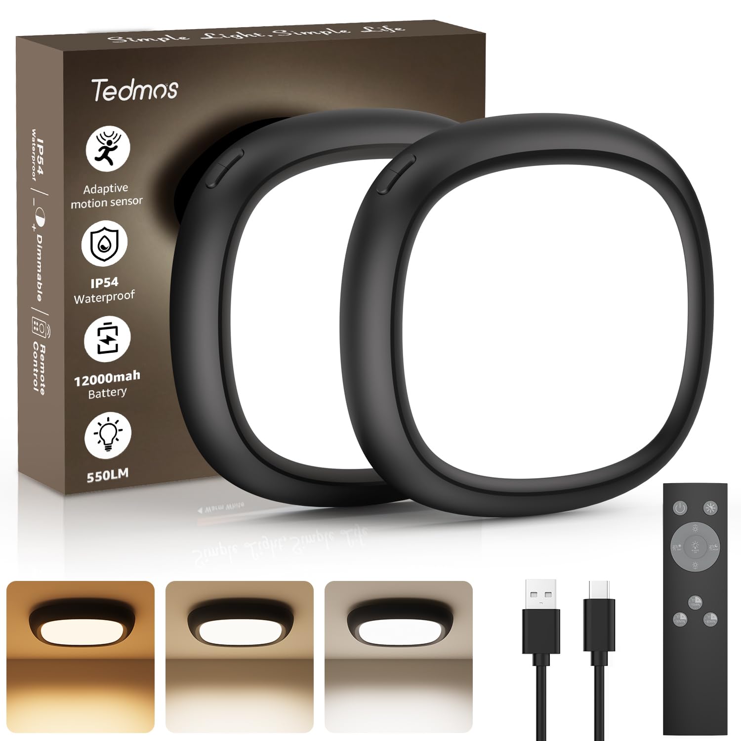 Photo 1 of 2 Pack Motion Sensor Rechargeable Ceiling Light with Remote, 12000mAh Wireless Shower Lights for Inside Shower, Battery Operated Closet Light Sensored Indoor LED Overhead Lighting No Wiring for Garage