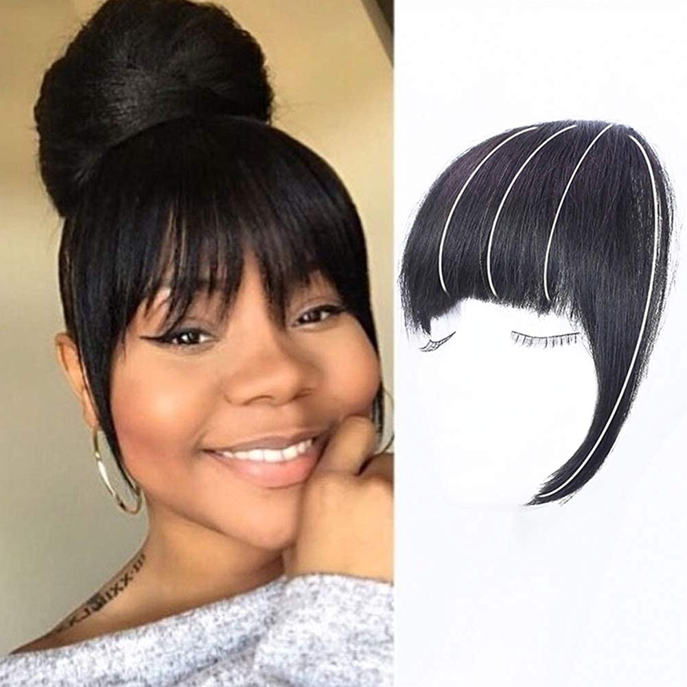 Photo 1 of G&T Wig Yaki Clip in Bangs for Black Women Short Kinky Straight Bangs Hair Extensions Clip on Bangs with Temple Thick Bangs Fringe Hairpieces (1B,single bangs)