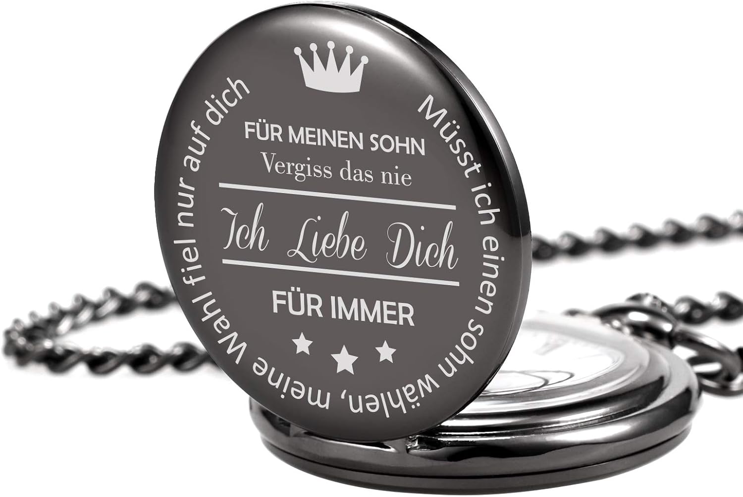 TREEWETO Pocket Watch with Engraving Chain Men's Black Gift for Birthday Son black - Image 4