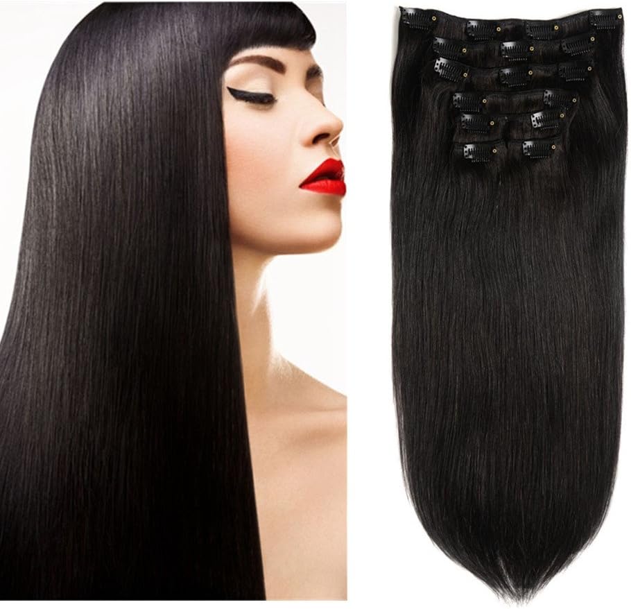 Friskylov Brazilian Clip in Hair Extensions Straight Real Human Hair Extensions Clip ins Double Weft 14Inch Jet Black Clip on Extensions Grade 8A 100g/3.52oz 7Pieces With 16Clips For Women Beauty