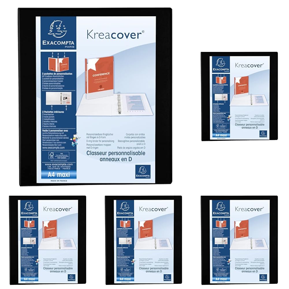 Exacompta - ref. 51842NE - 1 Customizable Rigid Opaque Binder with 3 Pockets - 4 D-Rings of 30 mm - Spine 47 mm - External Dimensions: 32 x 27.7 cm - Format to be Filed A4 Maxi - Colour: Black