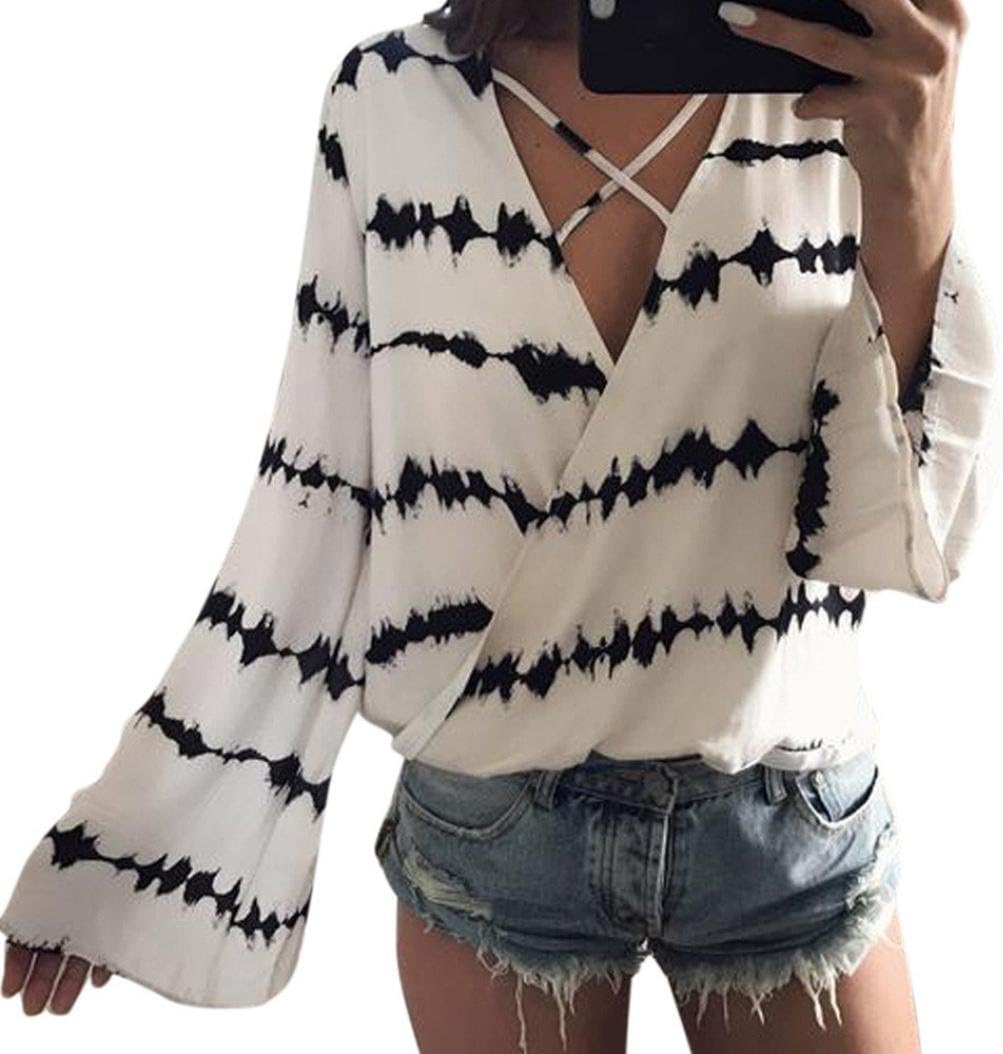 Womens Loose Long Sleeve Shirt Stripe Tops Overlapping Chiffon Casual Blouse