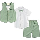 LOLANTA Boys Linen Suit 4 Piece Summer Gentleman Outfit Kids Dress Vest Shirt Shorts Set for Beach Wedding Graduation
