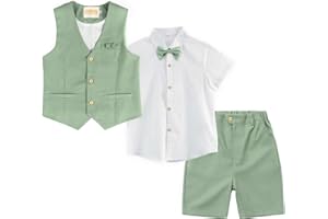 LOLANTA Boys Linen Suit 4 Piece Summer Gentleman Outfit Kids Dress Vest Shirt Shorts Set for Beach Wedding Graduation