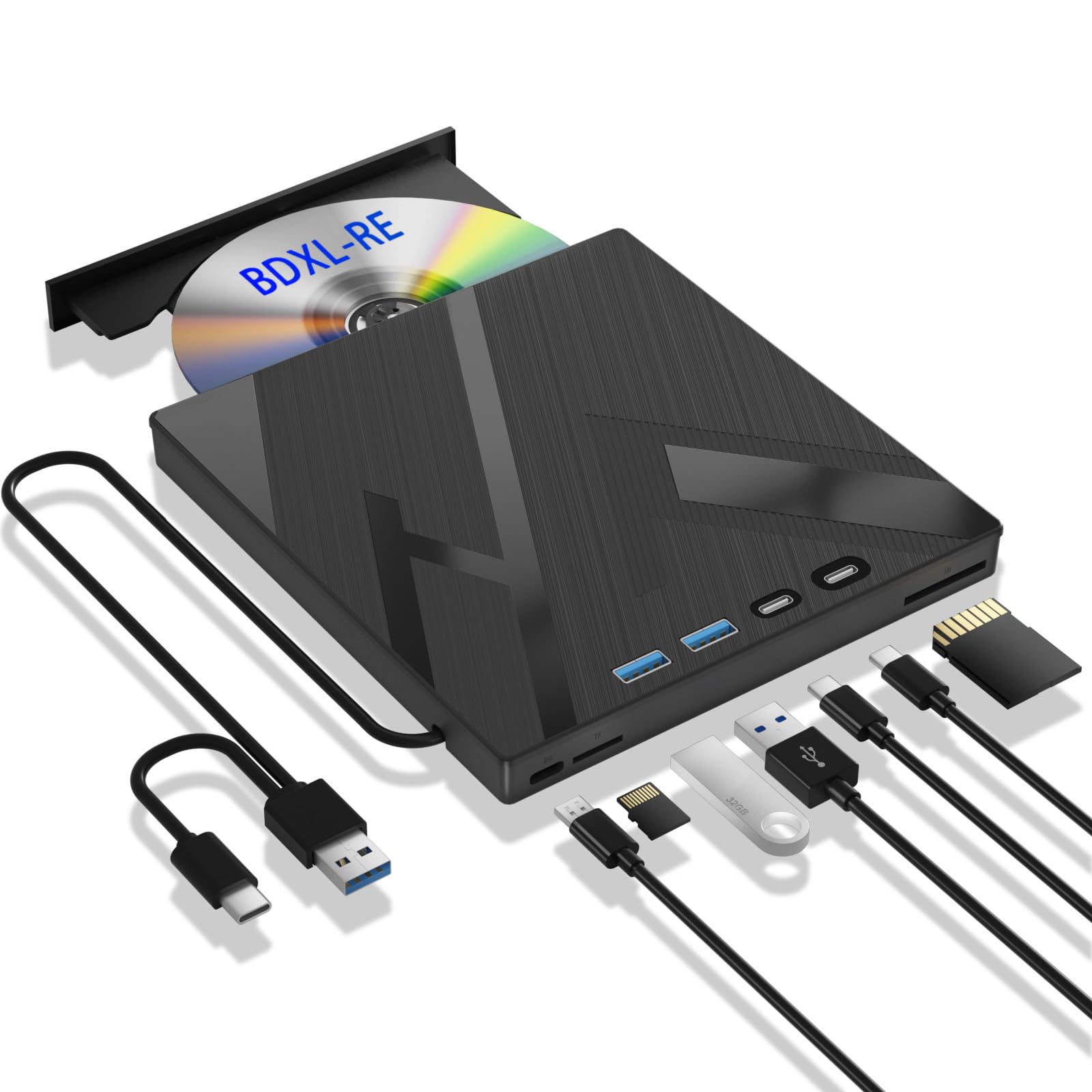 Photo 1 of 7 in 1 External Blu Ray Drive, External Blueray/DVD Drive for PC with SD/TF Port Blu Ray Burner, Support 100G Disc R/W for PC External Blu Ray Drive for Windows Linux MacOS Laptop Desktop