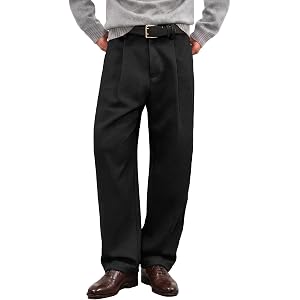 JMIERR Men's Heavyweight Baggy Pleated Straight Leg Brushed Dress Pants | Vintage Pleats Silhouette, Partial Side Elastic Wai