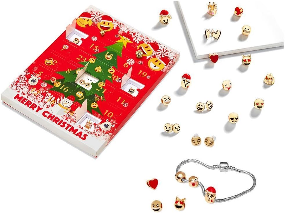 Yokeyoke Emoji Jewellery Advent Calendar 15 Charm Emoji Bracelets + 8x Stunning Earrings Gift Present Xmas 18K Gold Plated 3D Emoji Slide Fun Face Charms Free Assemble