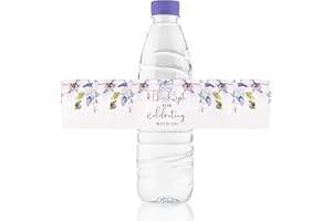 URROMA Wedding Water Bottle Labels Thank You, 50 Pcs Purple Flower Water Bottle Wraps Floral Wraparound Labels Water Bottle Stickers for Birthday Bride Shower