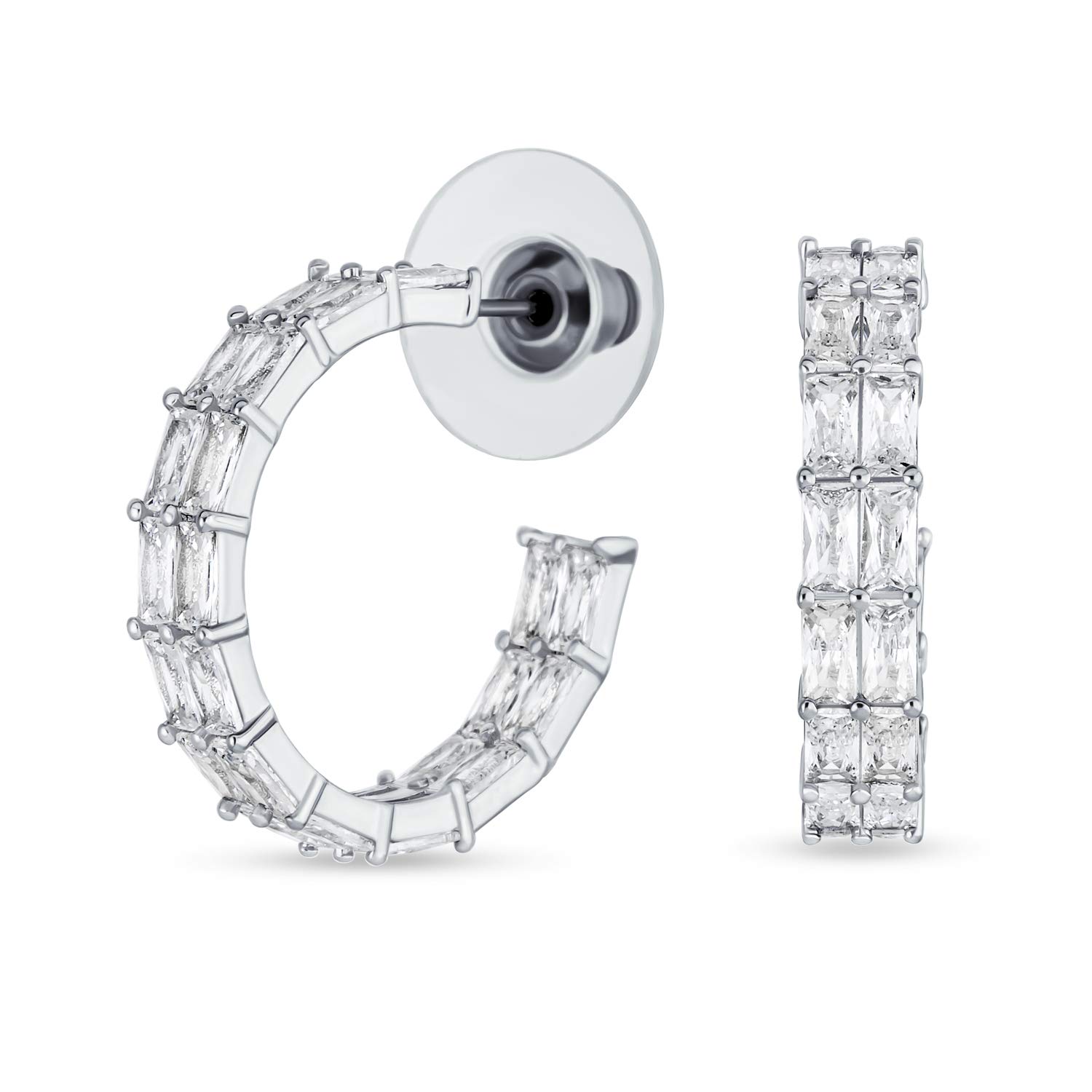 Classic Bridal Statement AAA CZ Brilliant Double Row Emerald Cut Cubic Zirconia Eternity Hoop Earrings For Women Wedding Prom Holiday Formal Party For Pierced Ear Silver Plated 1 Inch Diameter