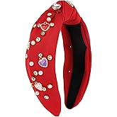 CURASA Valentine‘s Day Headband for Women Girls Love Heart Red Knotted Headband Pearl Crystal Rhinestone Jeweled Headpiece Wide Top Knot HairBand Fashion Heart Accessories Party Holiday Gifts