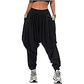 Verdusa Women's Hippie Baggy Harem Pants Elastic Waist Drop Crotch Trousers with Pockets
