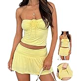 saintcore Sexy Two Piece Outfits for Womens Summer Y2K Going Out Tube Top Skirt Mini Dress Rave Festival Beach Club Skort Set