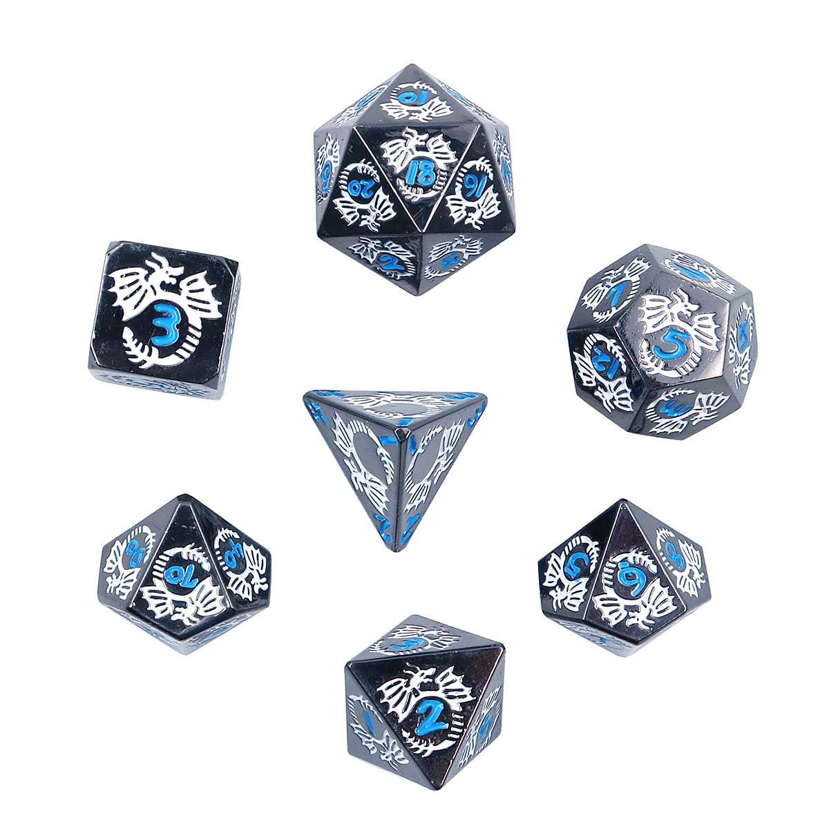 DollaTek Dragon Pattern DND Metal Dice Set Used for Dungeon and Dragon DND Dice Game (with Black Bag) - Grey