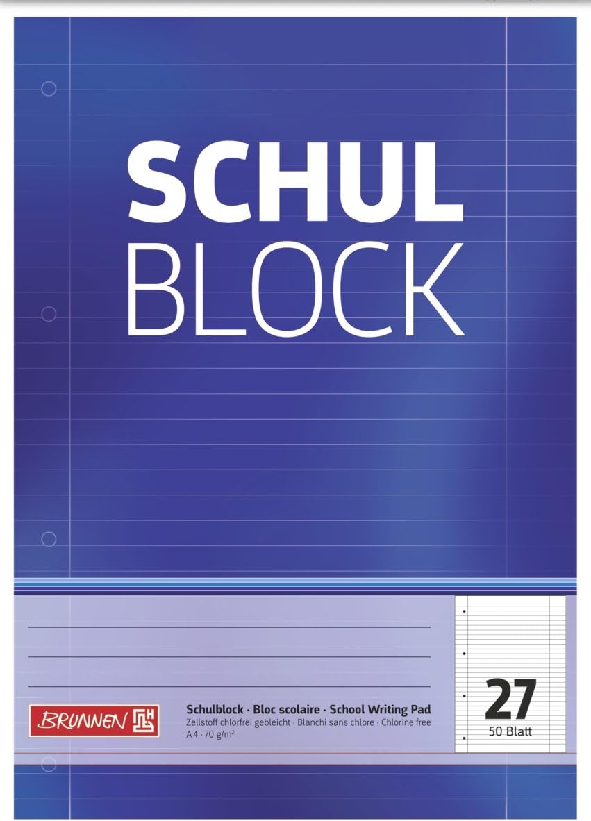 Brunnen 1052527 Schulblock / Notizblock (A4, 50 Blatt, liniert, mit Randlinien, Lineatur 27, gelocht, kopfverleimt, 70 g/m²)
