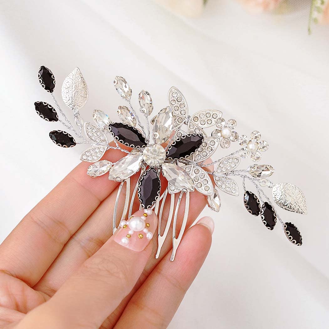 IYOU Rhinestone Bridal Hair Combs Black Flower Headpiece Shiny Crystal Hair Piece Bride Wedding Side Comb for Women